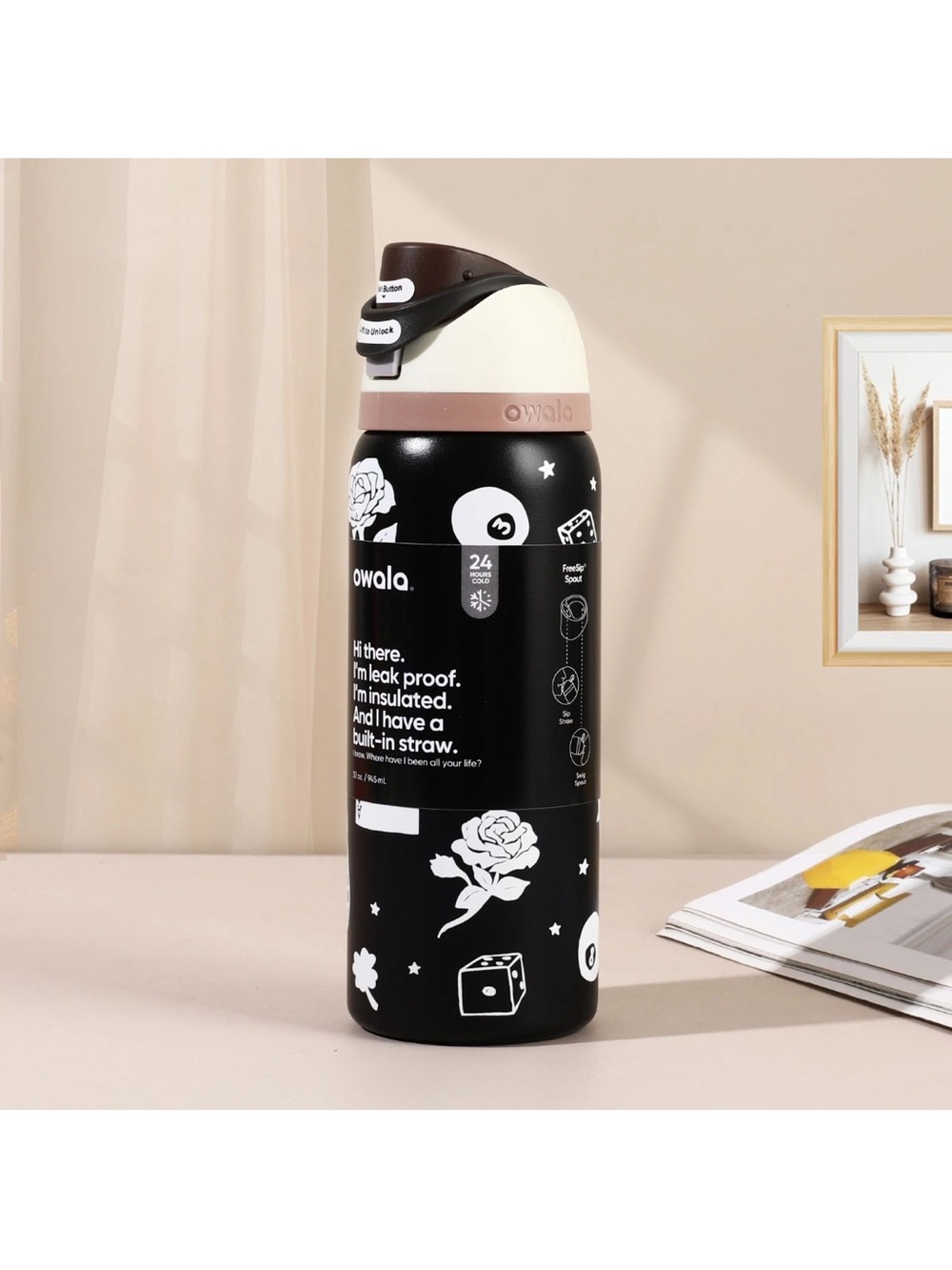 Owala Black Floral Insulated Water Bottle Built-In Straw “Good Luck Cowboy” 🧲